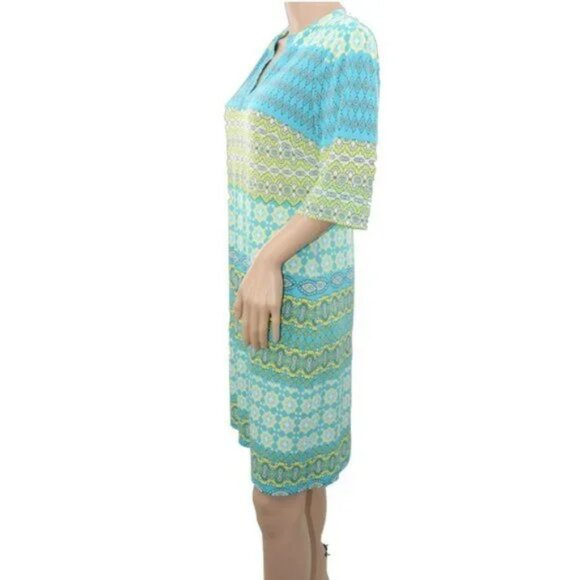 Donna Morgan Blue Green Yellow Retro Stretchy Aztec Geometric Shift Dress M - Picture 2 of 4